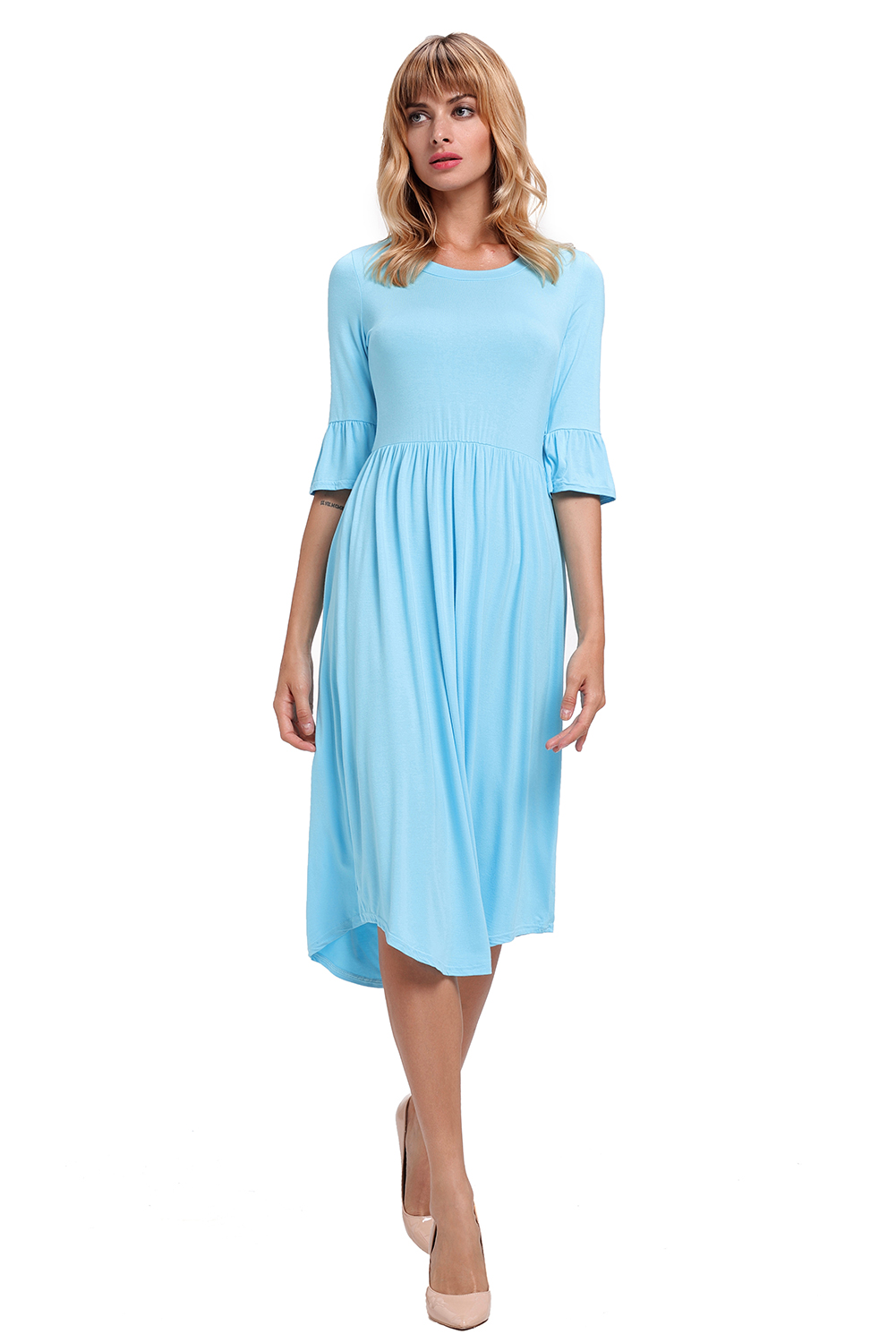 BY61652-5 Blue Ruffle Sleeve Midi Jersey Dress